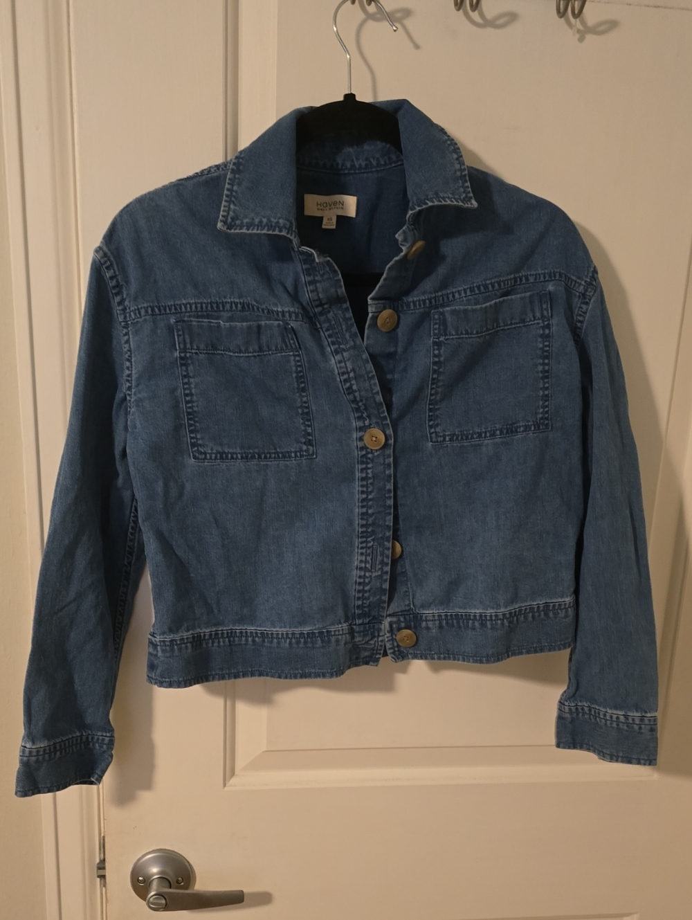Boyfriend Cropped Denim Jacket in Medium Blue by BOWEN